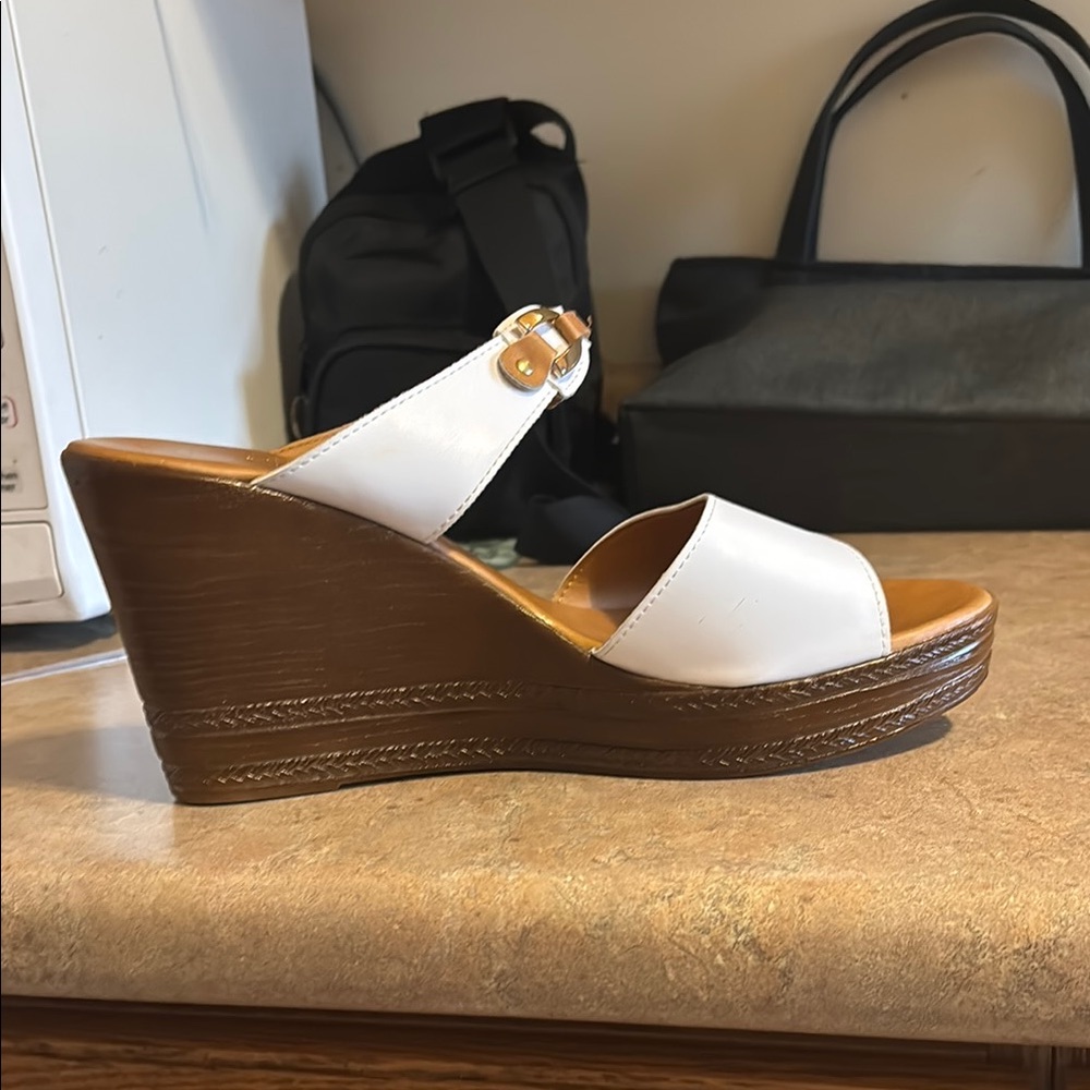 Italian Shoemakers White and Brown Wedges with Leather Strap